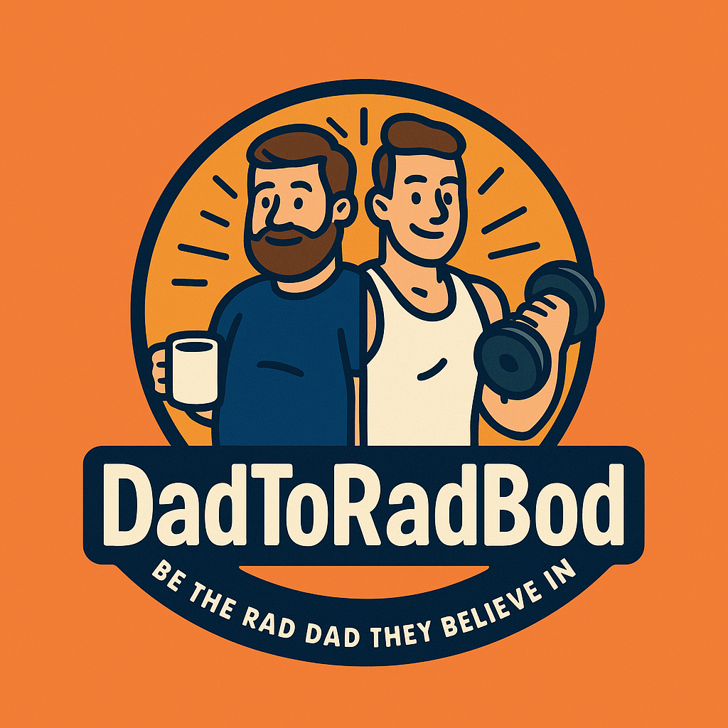Alt text suggestion: > “A bold, retro-style logo for DadToRadBod featuring a cartoon dad split into two versions: on the left, a bearded dad in a T-shirt holding a coffee mug; on the right, a fitter version holding a dumbbell. The text ‘DadToRadBod’ appears in a strong, modern font, with the tagline ‘Be the Rad Dad They Believe In’ curved below the design on a dark navy badge over an orange background.”